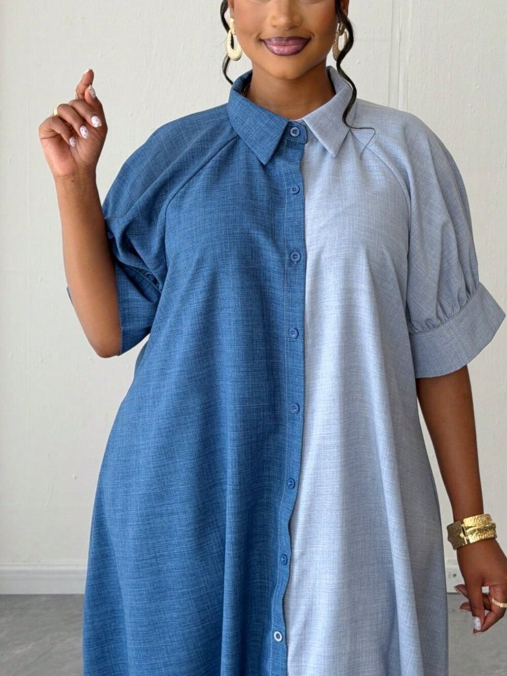 Blue Casual Women's Plus Size Short Sleeve Single-Breasted Shirt Dress - Picture 5 of 6